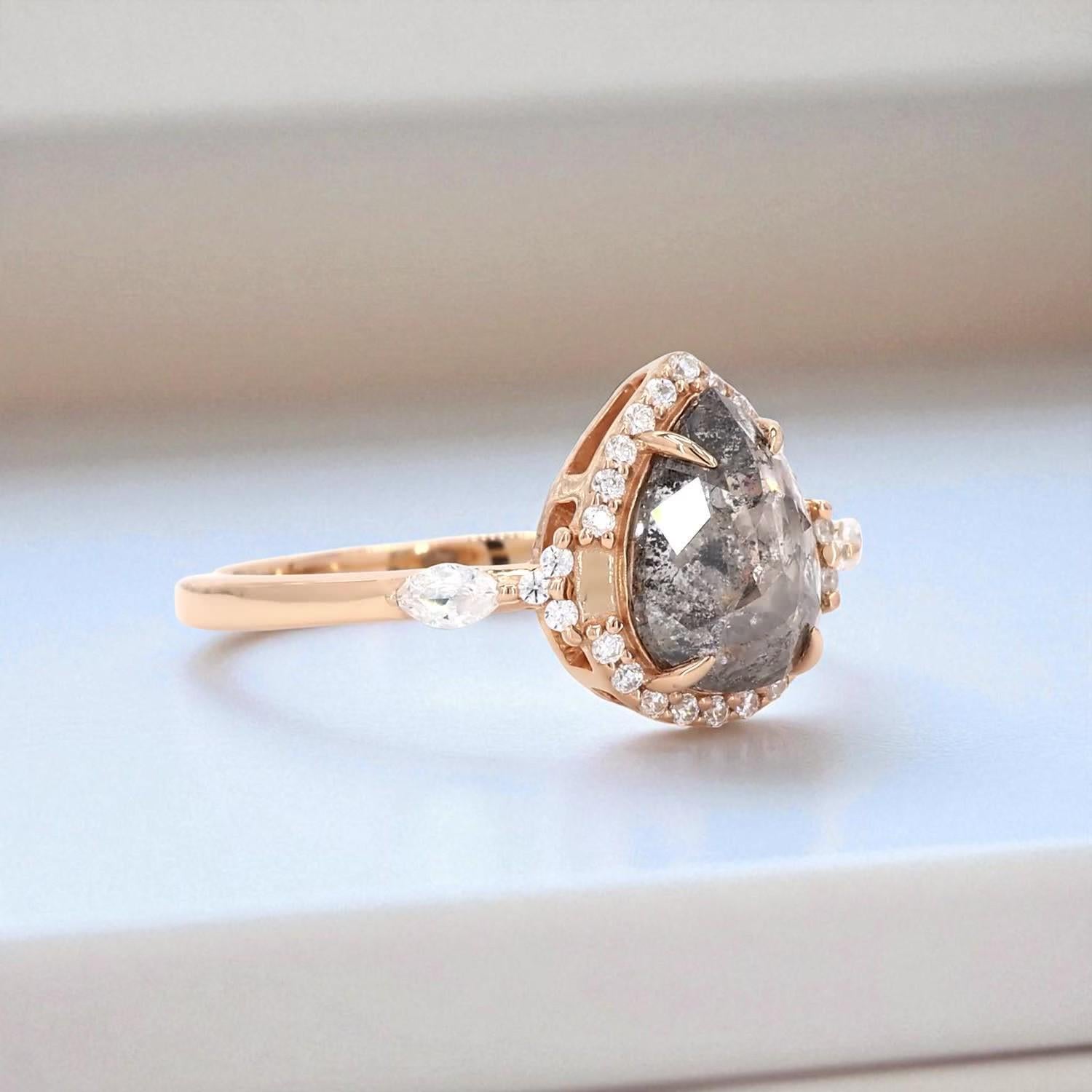 14K Rose Gold Grey Salt and Pepper Pear Cut Natural Diamond Alternative Engagement Ring