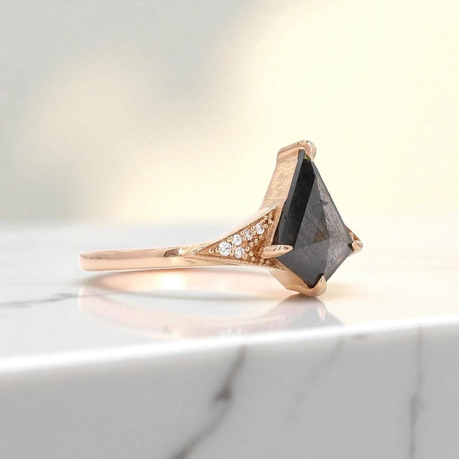 14K Rose Gold Grey Salt and Pepper Kite Cut Natural Diamond Handmade Engagement Ring