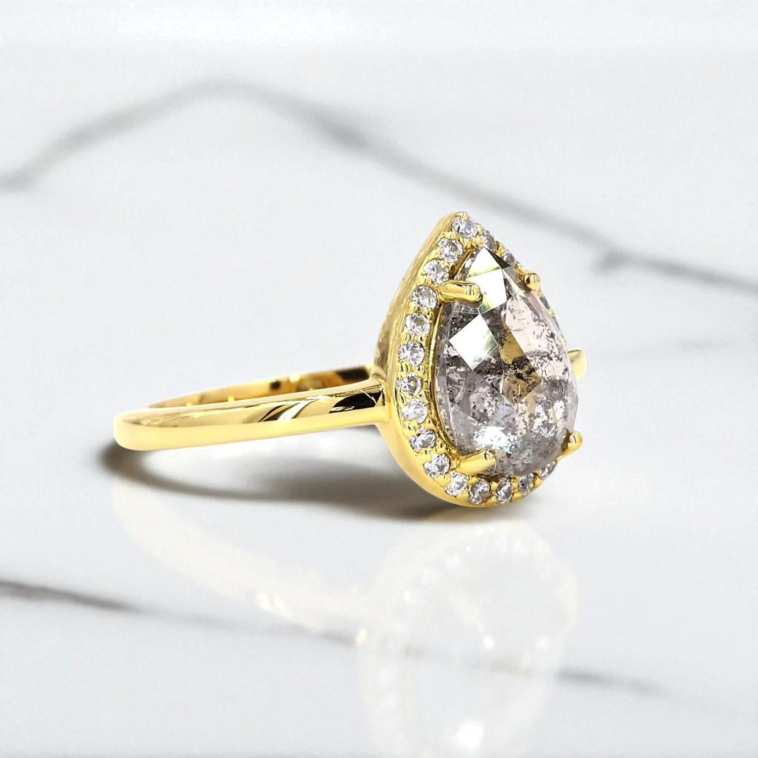 14K Yellow Gold Grey Salt and Pepper Pear Cut Natural Diamond Anniversary Ring