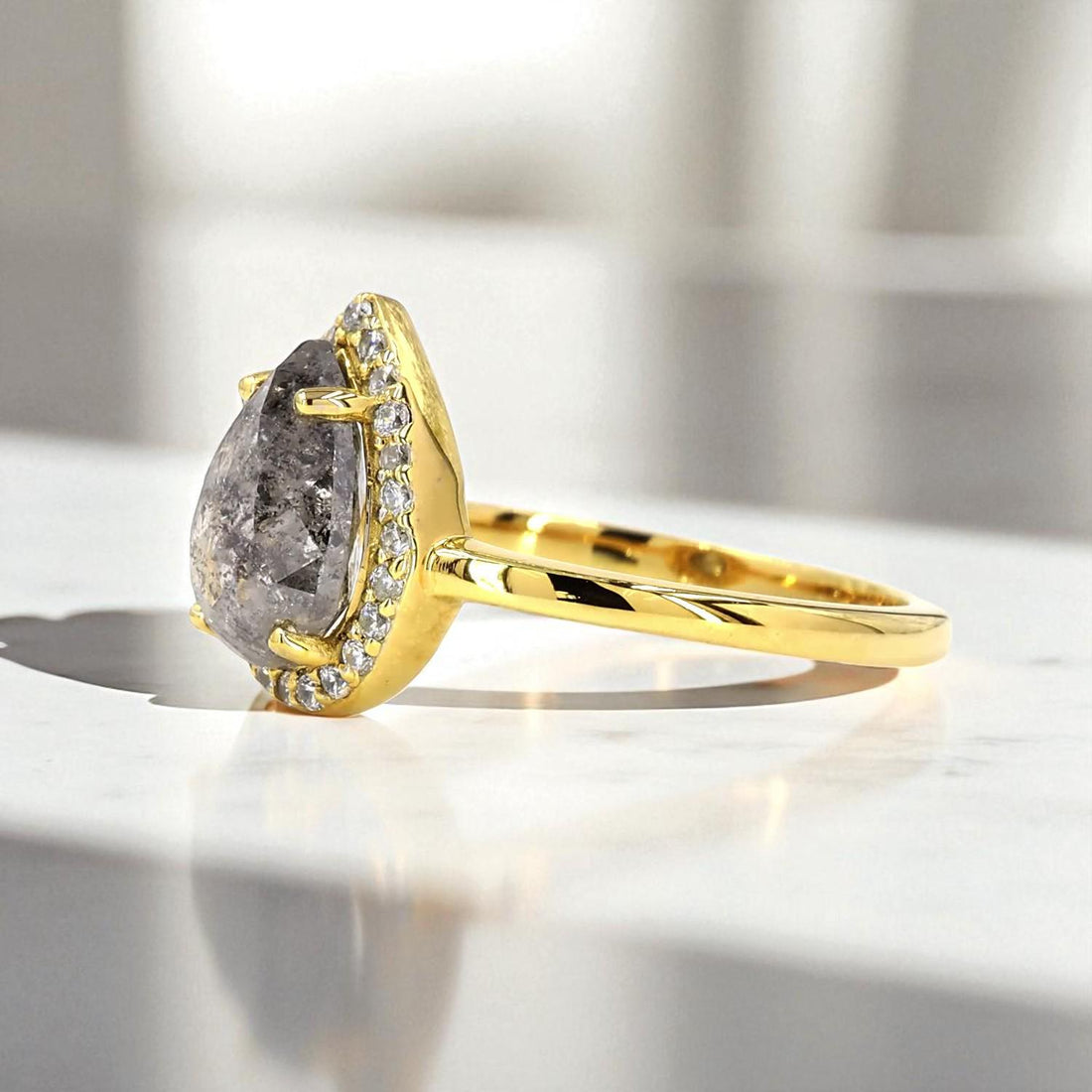 14K Yellow Gold Grey Salt and Pepper Pear Cut Natural Diamond Anniversary Ring
