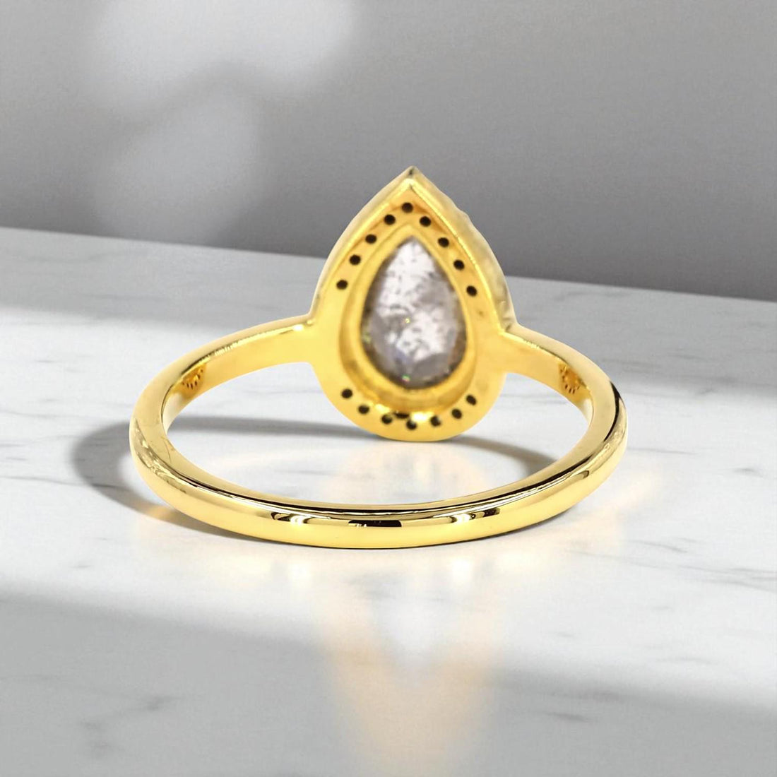 14K Yellow Gold Grey Salt and Pepper Pear Cut Natural Diamond Anniversary Ring