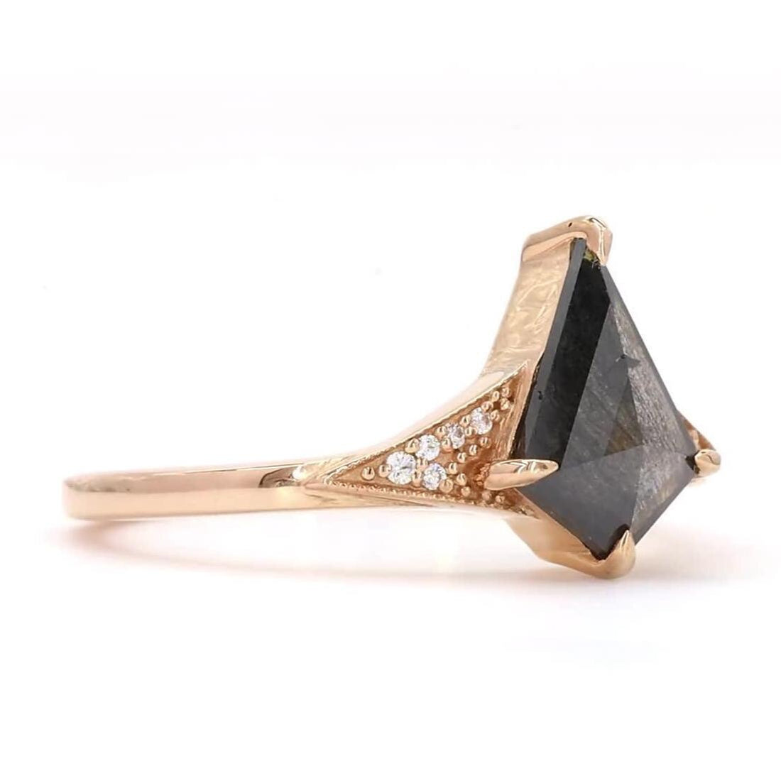 14K Rose Gold Grey Salt and Pepper Kite Cut Natural Diamond Handmade Engagement Ring