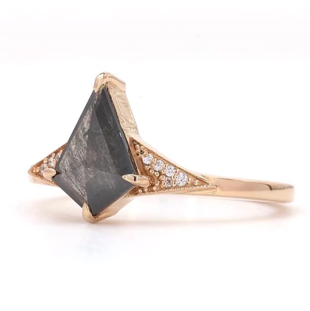 14K Rose Gold Grey Salt and Pepper Kite Cut Natural Diamond Handmade Engagement Ring