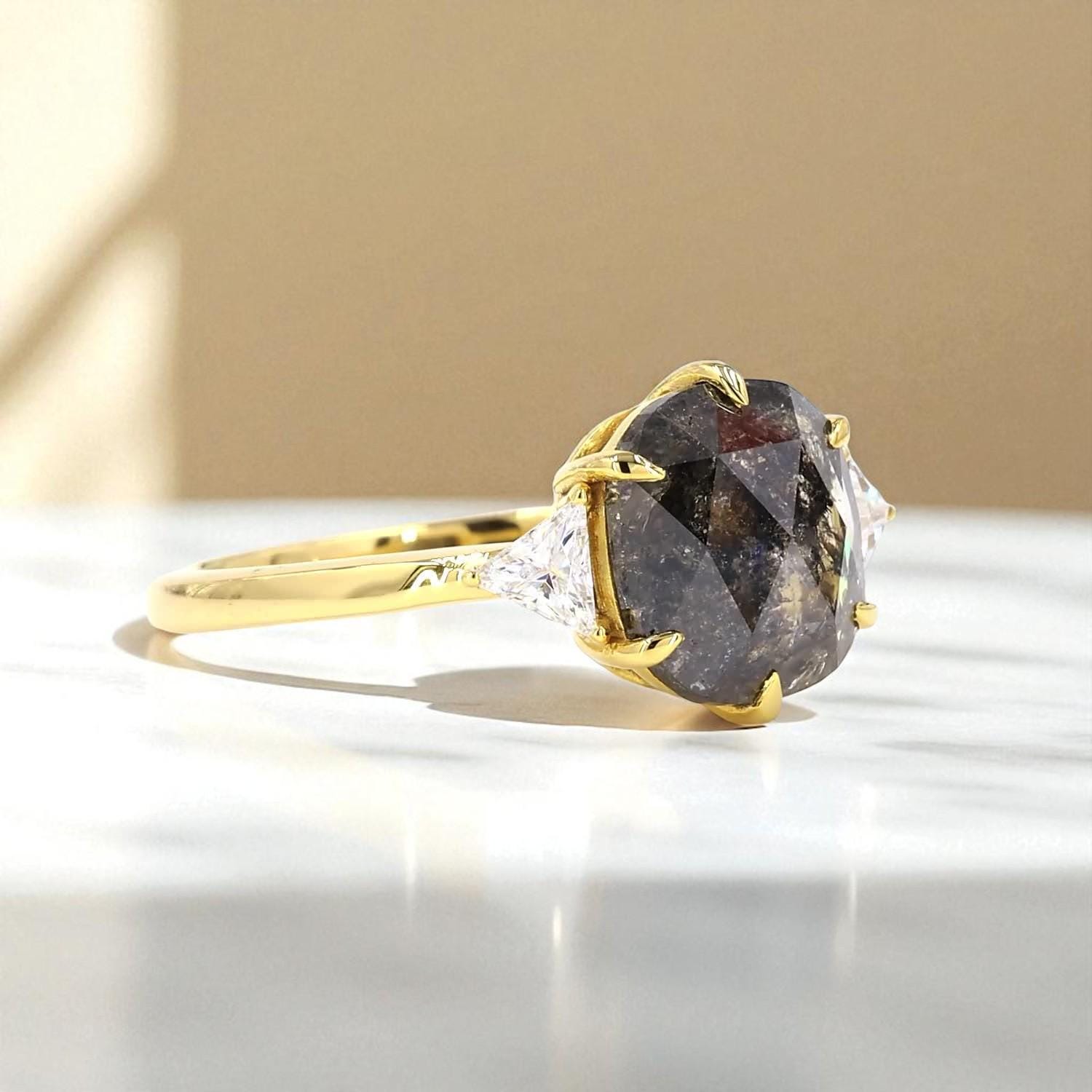 14K Yellow Gold Grey Salt and Pepper Oval Cut Natural Diamond Statement Ring