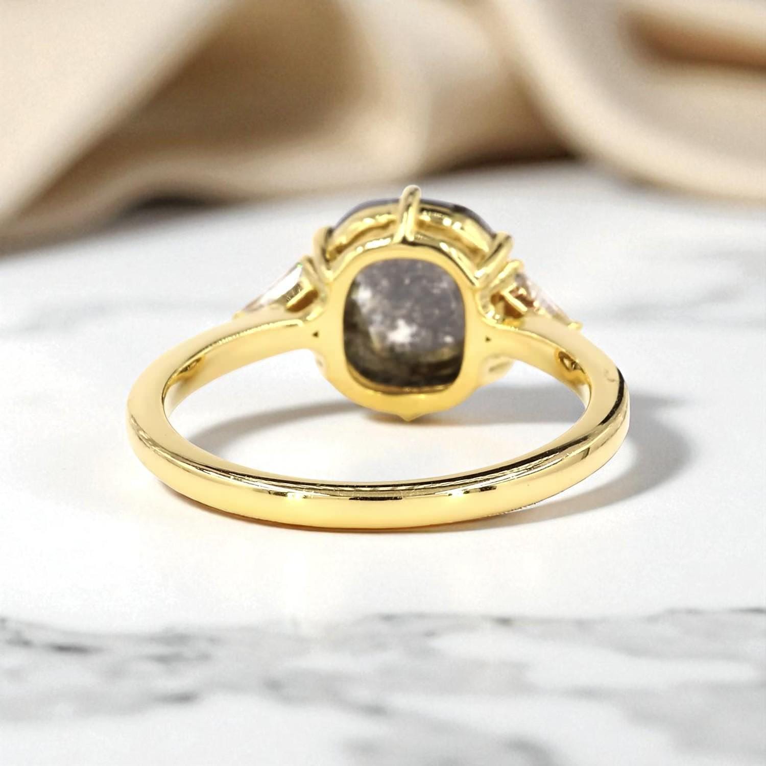 14K Yellow Gold Grey Salt and Pepper Oval Cut Natural Diamond Statement Ring