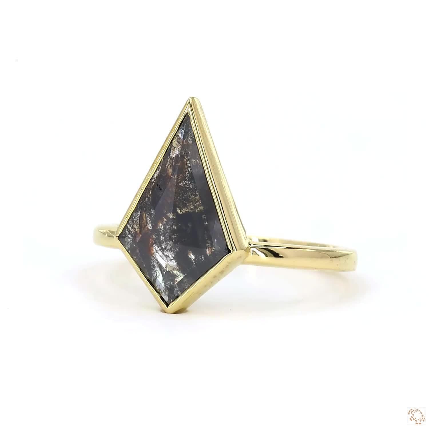 14K Yellow Gold Kite Cut Grey Salt and Pepper Natural Diamond Anniversary Ring