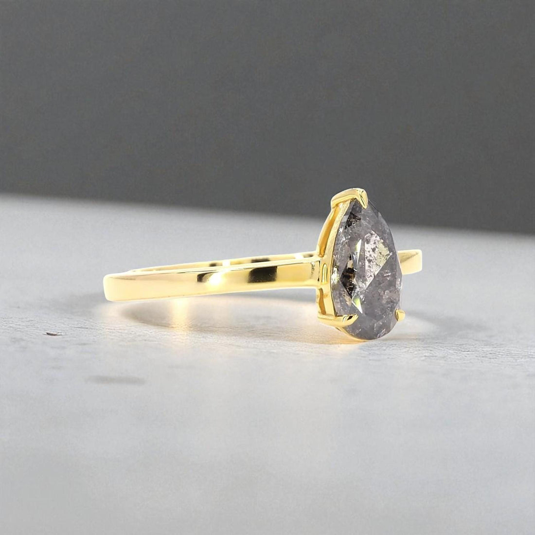 14K Rose Gold Unique Grey Salt and Pepper Natural Pear Cut Diamond Promise Ring