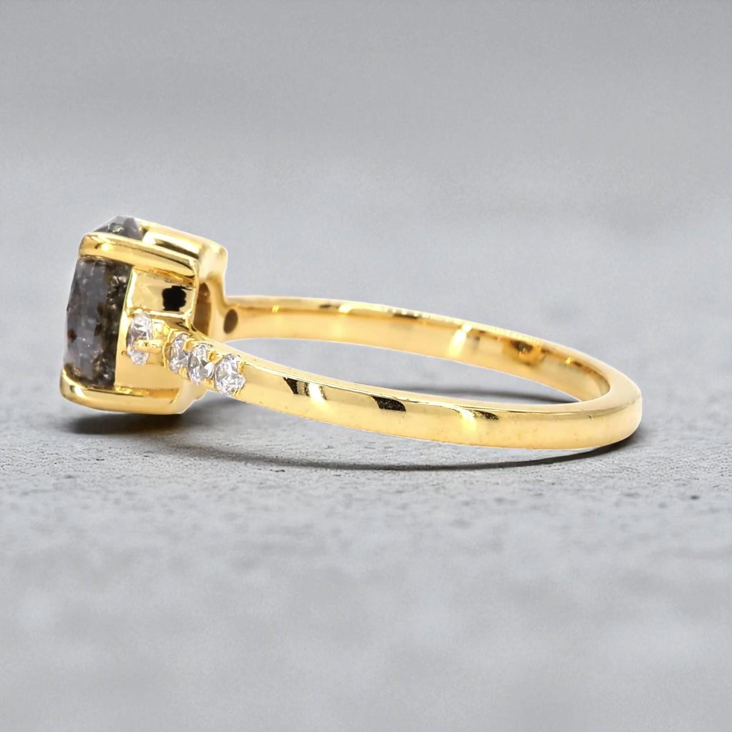 Oval Salt and Pepper Diamond Ring, Natural Grey Diamond, 14K Yellow Gold Engagement Ring