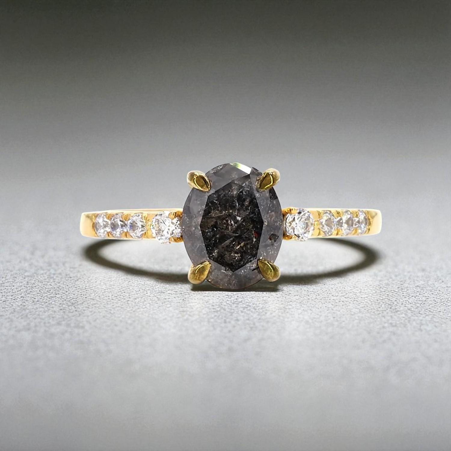 Oval Salt and Pepper Diamond Ring, Natural Grey Diamond, 14K Yellow Gold Engagement Ring