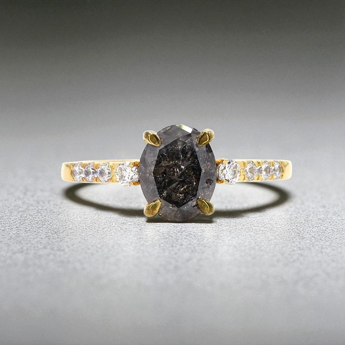 Oval Salt and Pepper Diamond Ring, Natural Grey Diamond, 14K Yellow Gold Engagement Ring