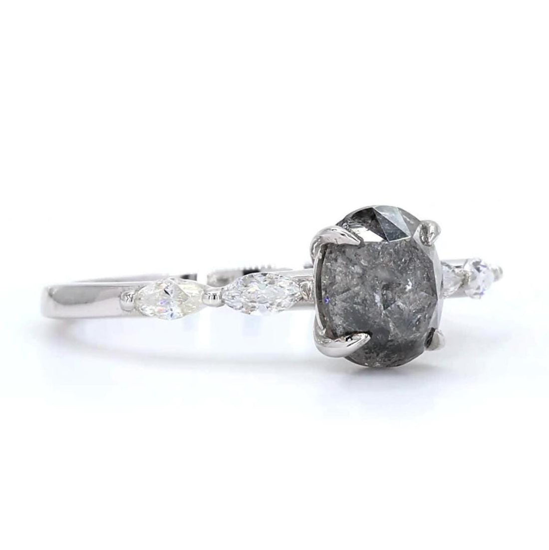 14K White Gold Grey Salt and Pepper Oval Cut Natural Diamond Wedding Ring