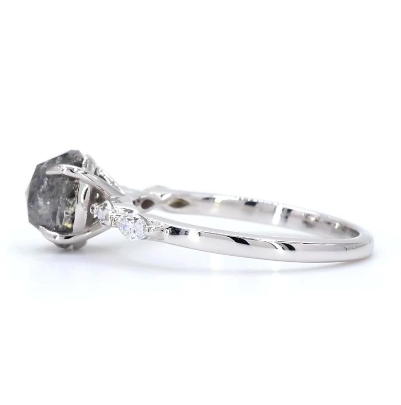 14K White Gold Grey Salt and Pepper Oval Cut Natural Diamond Wedding Ring