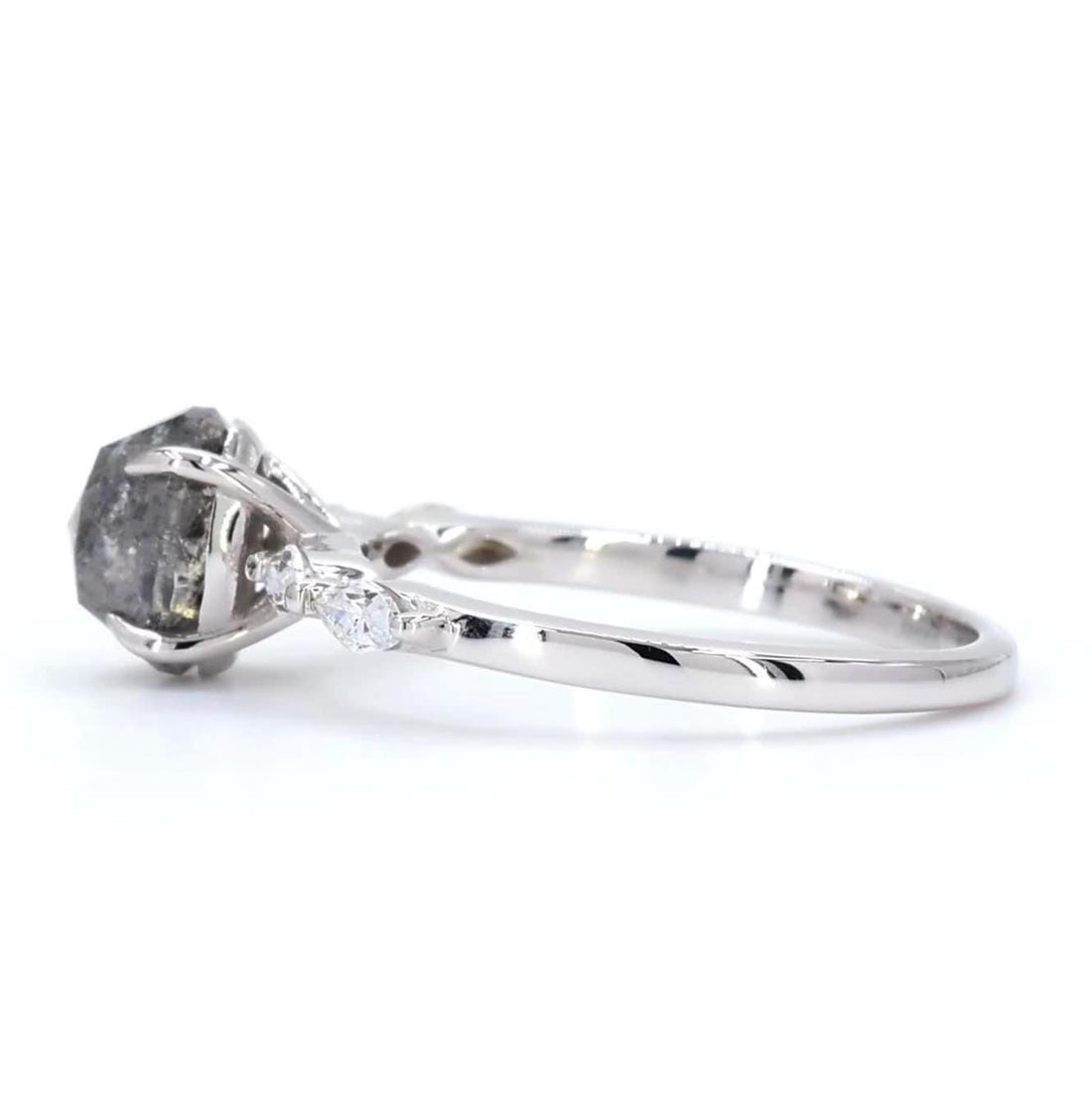 14K White Gold Grey Salt and Pepper Oval Cut Natural Diamond Wedding Ring