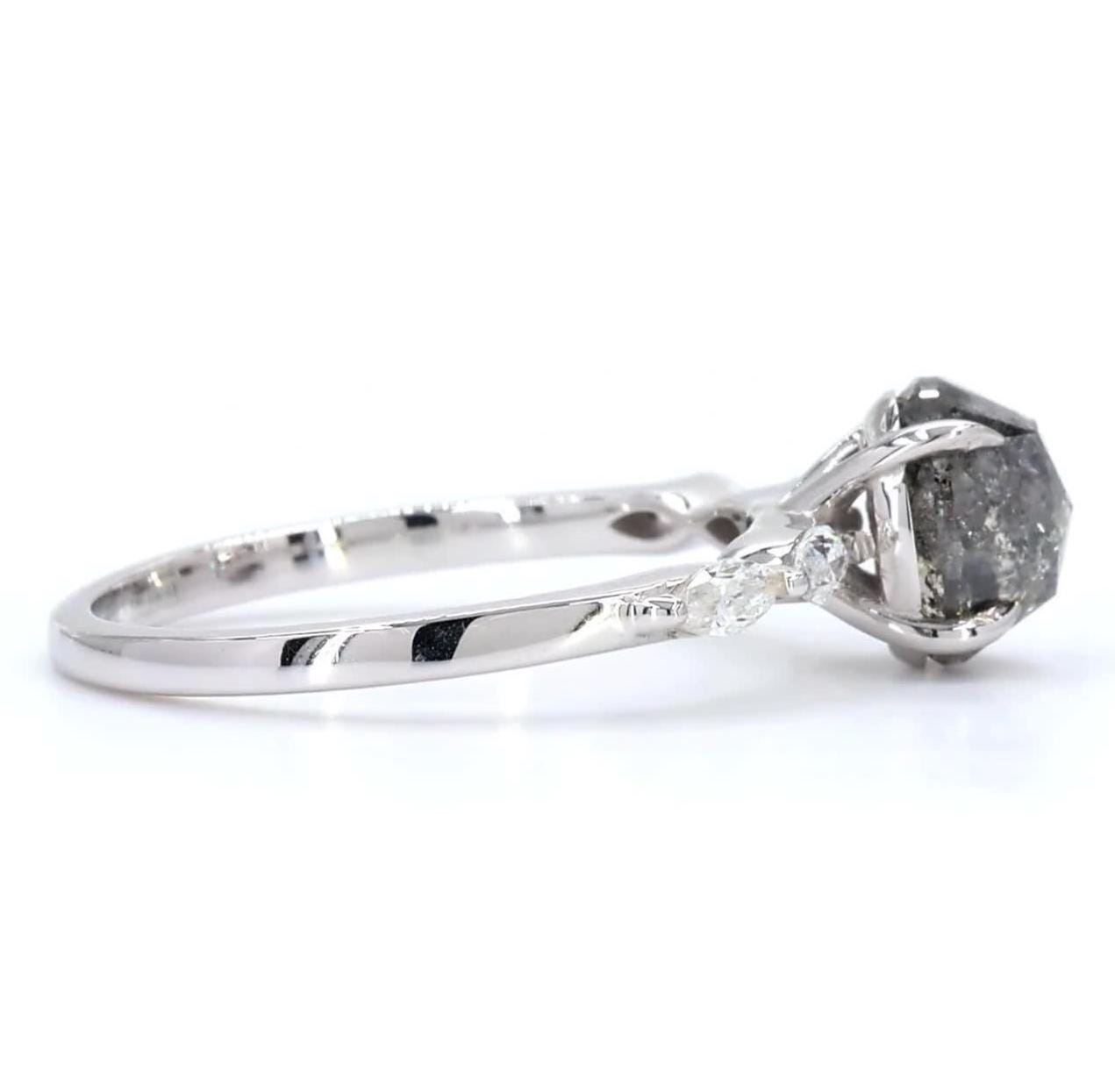 14K White Gold Grey Salt and Pepper Oval Cut Natural Diamond Wedding Ring