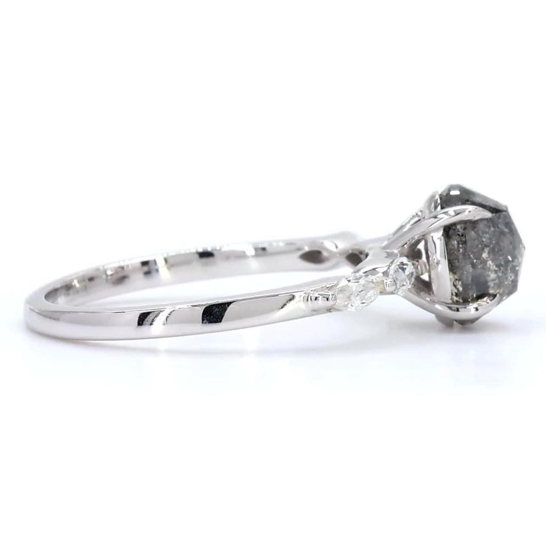 14K White Gold Grey Salt and Pepper Oval Cut Natural Diamond Wedding Ring