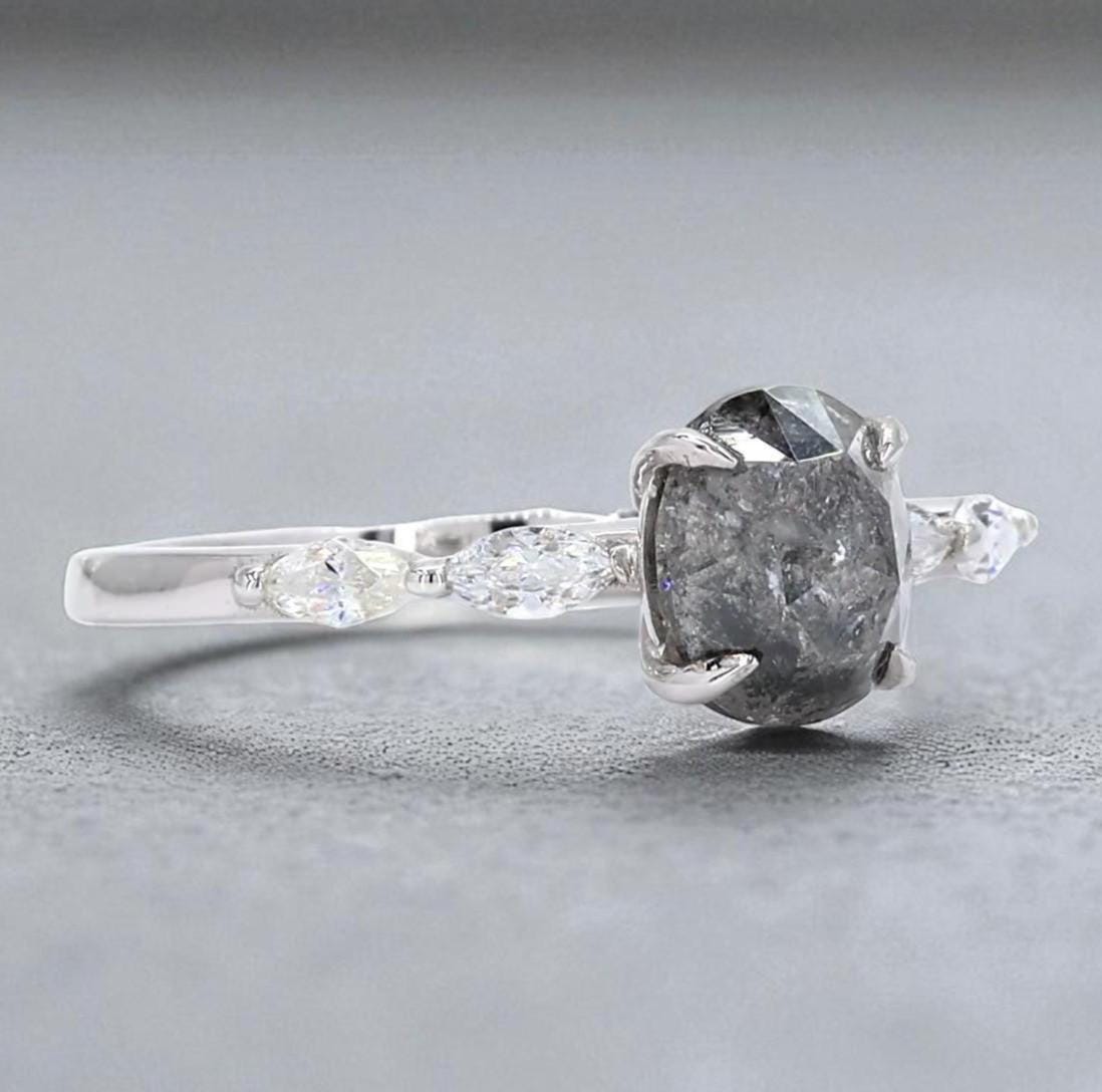 14K White Gold Grey Salt and Pepper Oval Cut Natural Diamond Wedding Ring