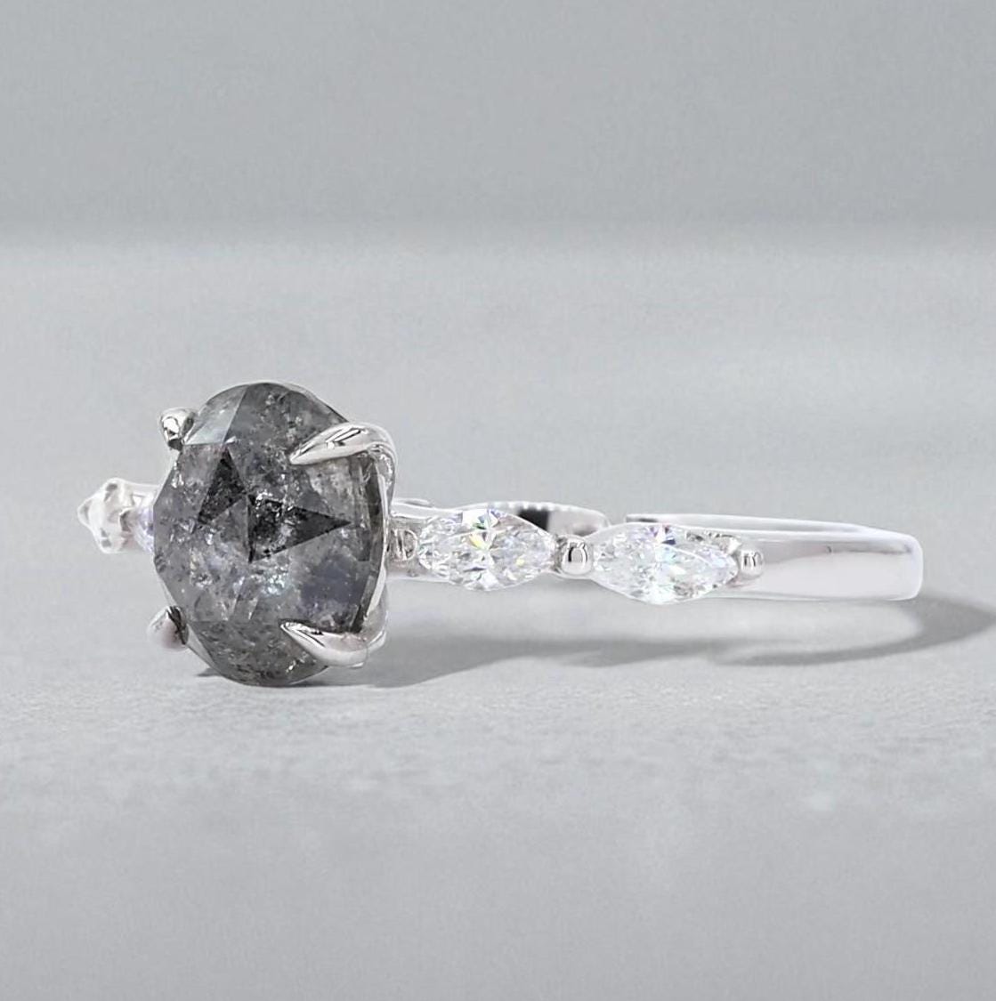14K White Gold Grey Salt and Pepper Oval Cut Natural Diamond Wedding Ring