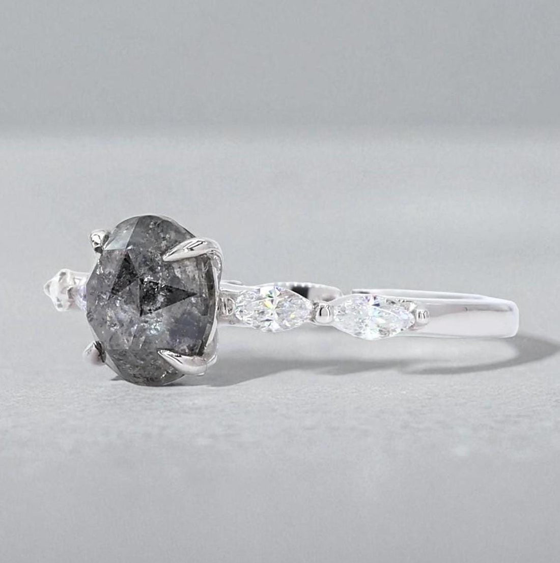 14K White Gold Grey Salt and Pepper Oval Cut Natural Diamond Wedding Ring
