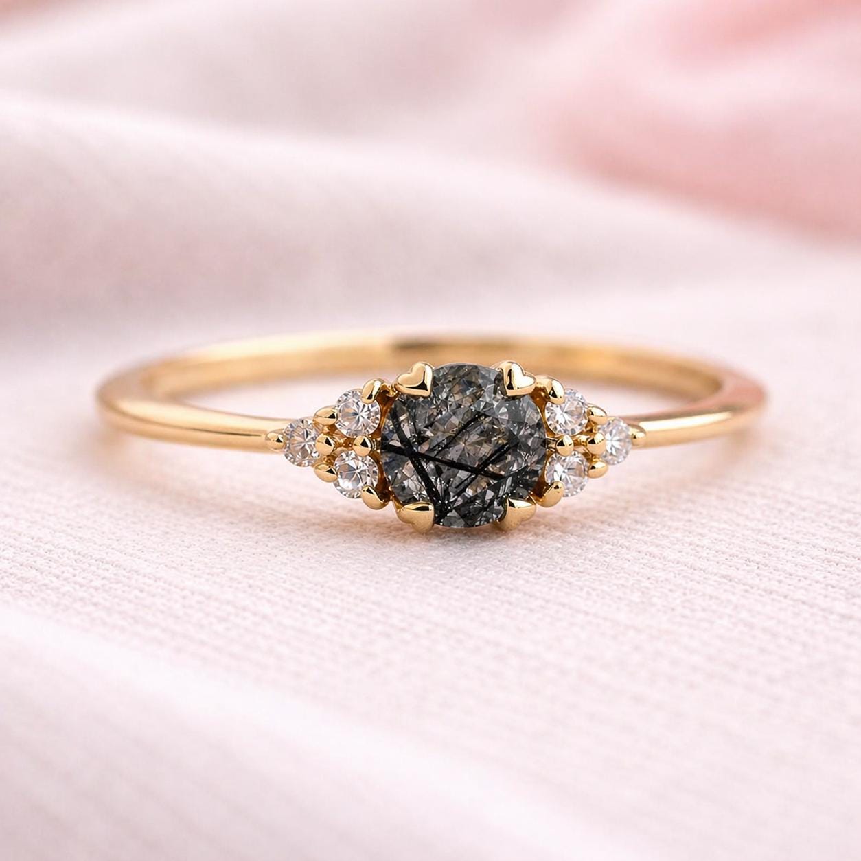 14K Rose Gold Oval Cut Grey Black Rutile Salt and Pepper Diamond Engagement Ring