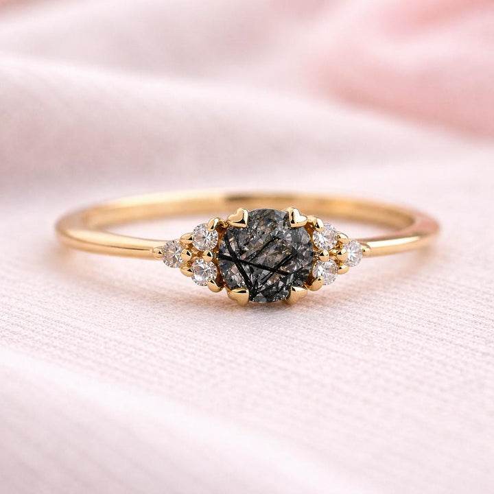 14K Rose Gold Oval Cut Grey Black Rutile Salt and Pepper Diamond Engagement Ring