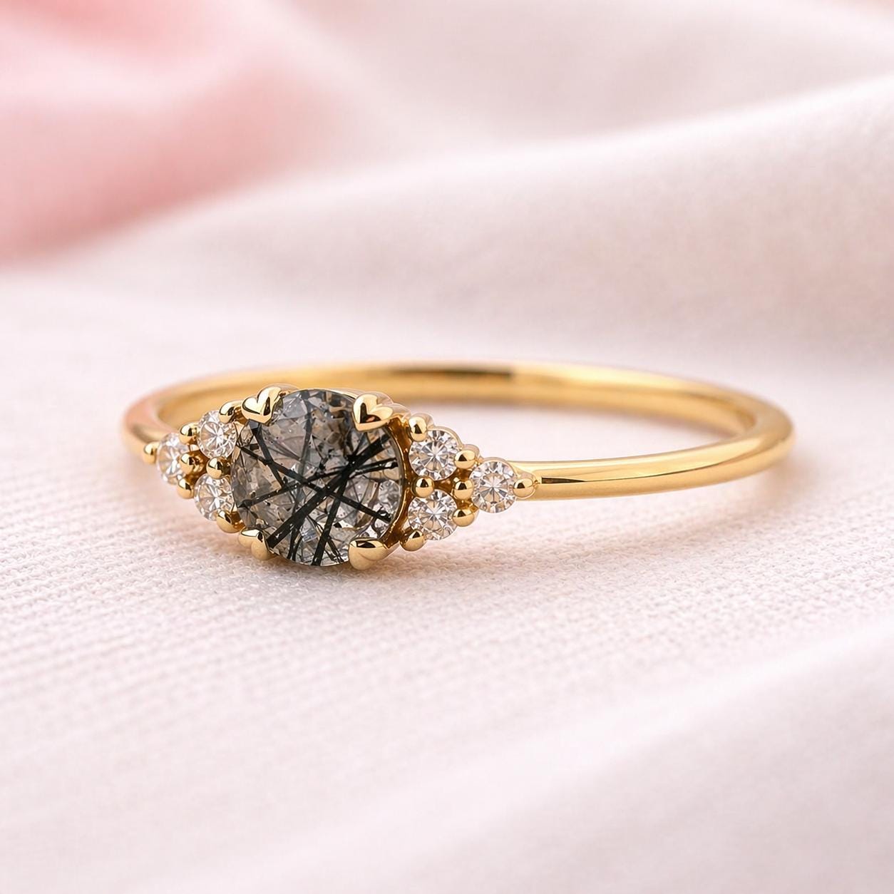 14K Rose Gold Oval Cut Grey Black Rutile Salt and Pepper Diamond Engagement Ring
