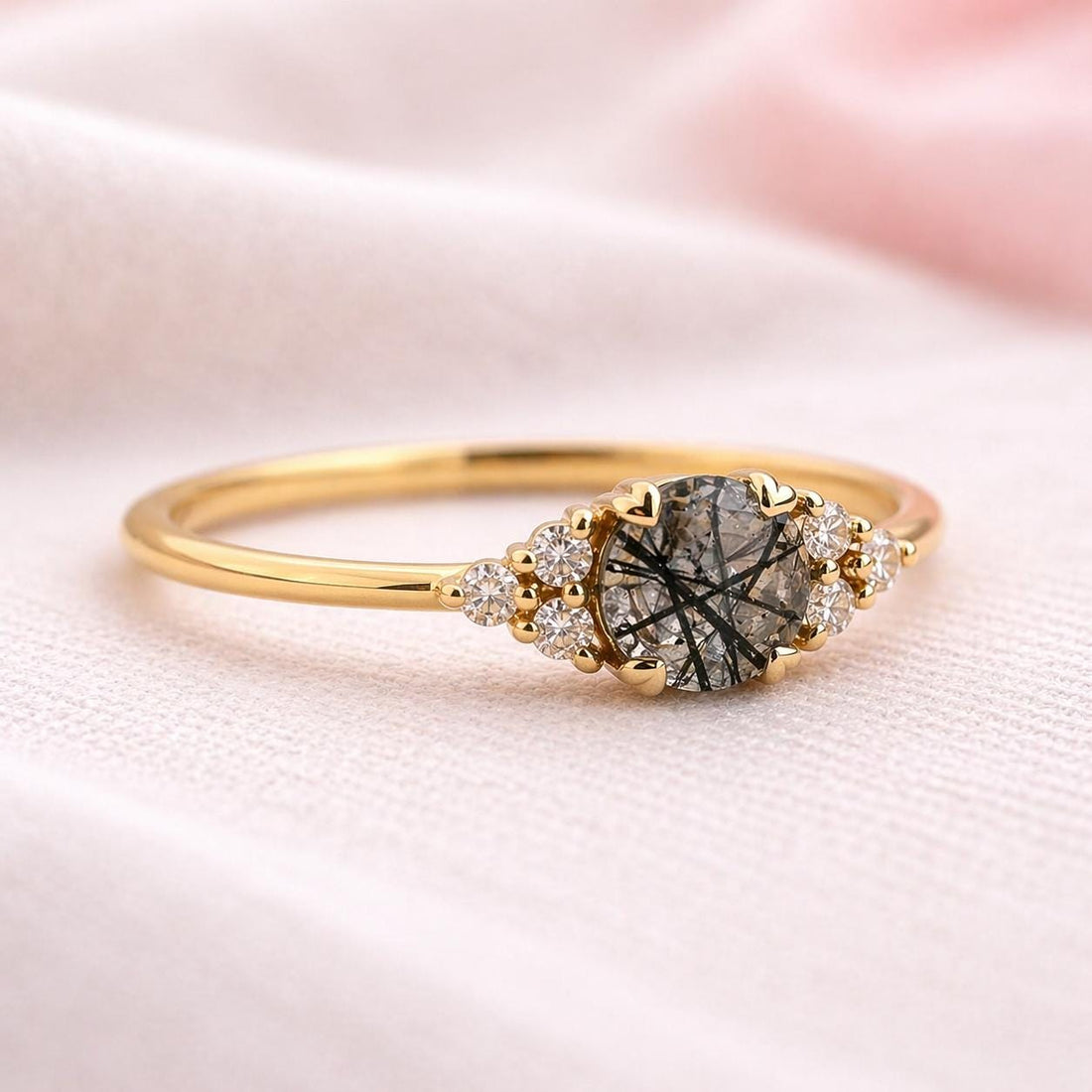 14K Rose Gold Oval Cut Grey Black Rutile Salt and Pepper Diamond Engagement Ring
