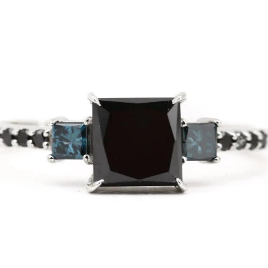 Princess Cut Black Diamond Ring, Natural Diamond 14K White Gold Anniversary Ring