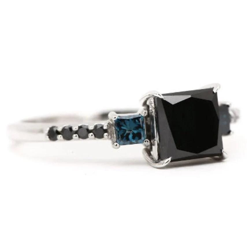 Princess Cut Black Diamond Ring, Natural Diamond 14K White Gold Anniversary Ring