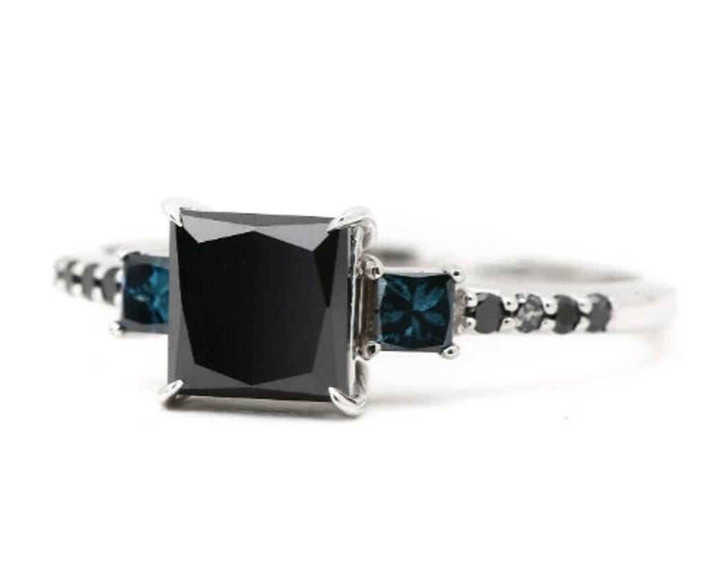 Princess Cut Black Diamond Ring, Natural Diamond 14K White Gold Anniversary Ring