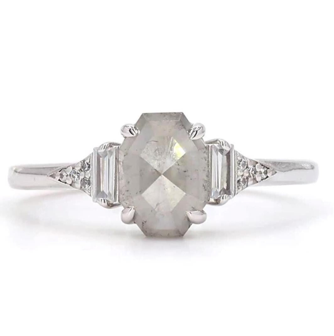 14K White Gold Emerald Cut Grey Salt and Pepper Natural Diamond Wedding Ring