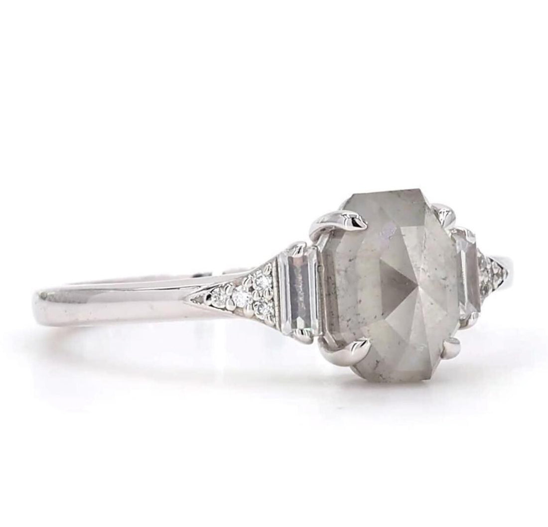 14K White Gold Emerald Cut Grey Salt and Pepper Natural Diamond Wedding Ring