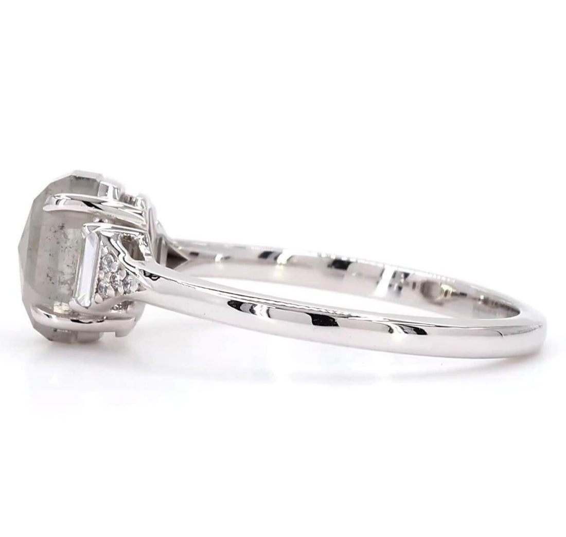 14K White Gold Emerald Cut Grey Salt and Pepper Natural Diamond Wedding Ring
