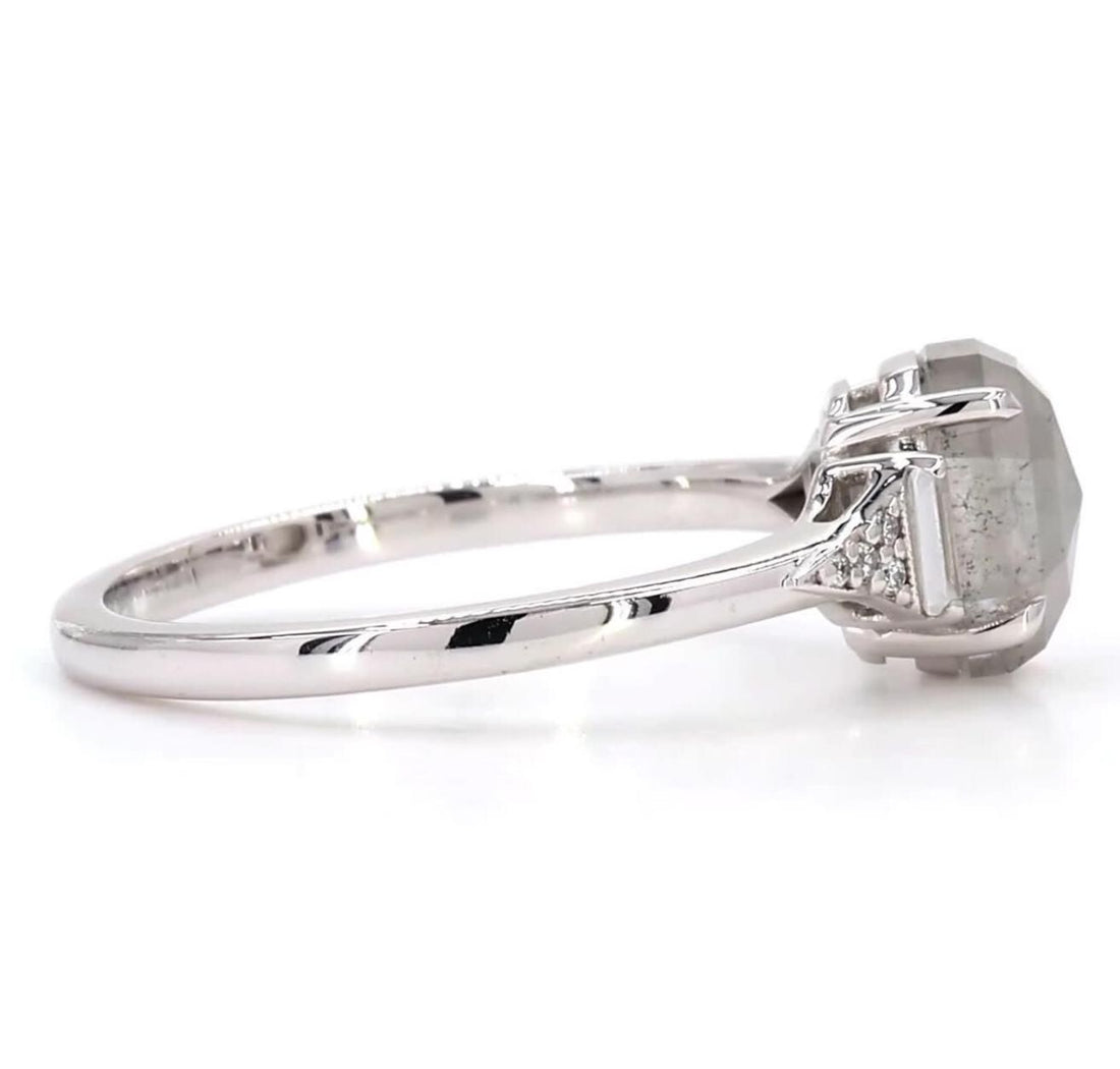14K White Gold Emerald Cut Grey Salt and Pepper Natural Diamond Wedding Ring