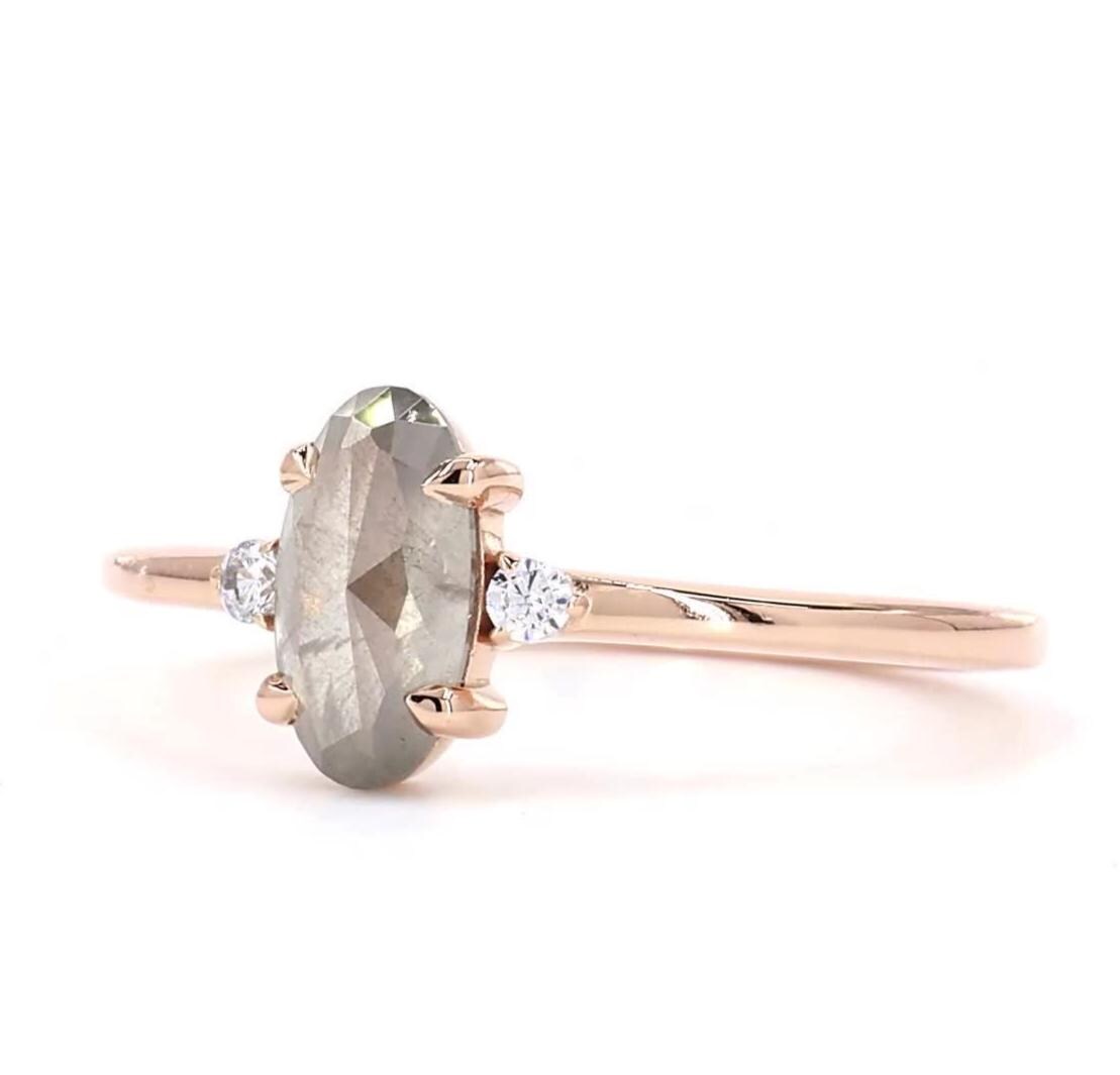14K White Gold Oval Cut Grey Salt and Pepper Natural Diamond Anniversary Ring