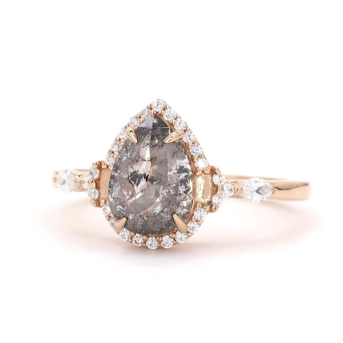 14K Rose Gold Grey Salt and Pepper Pear Cut Natural Diamond Alternative Engagement Ring