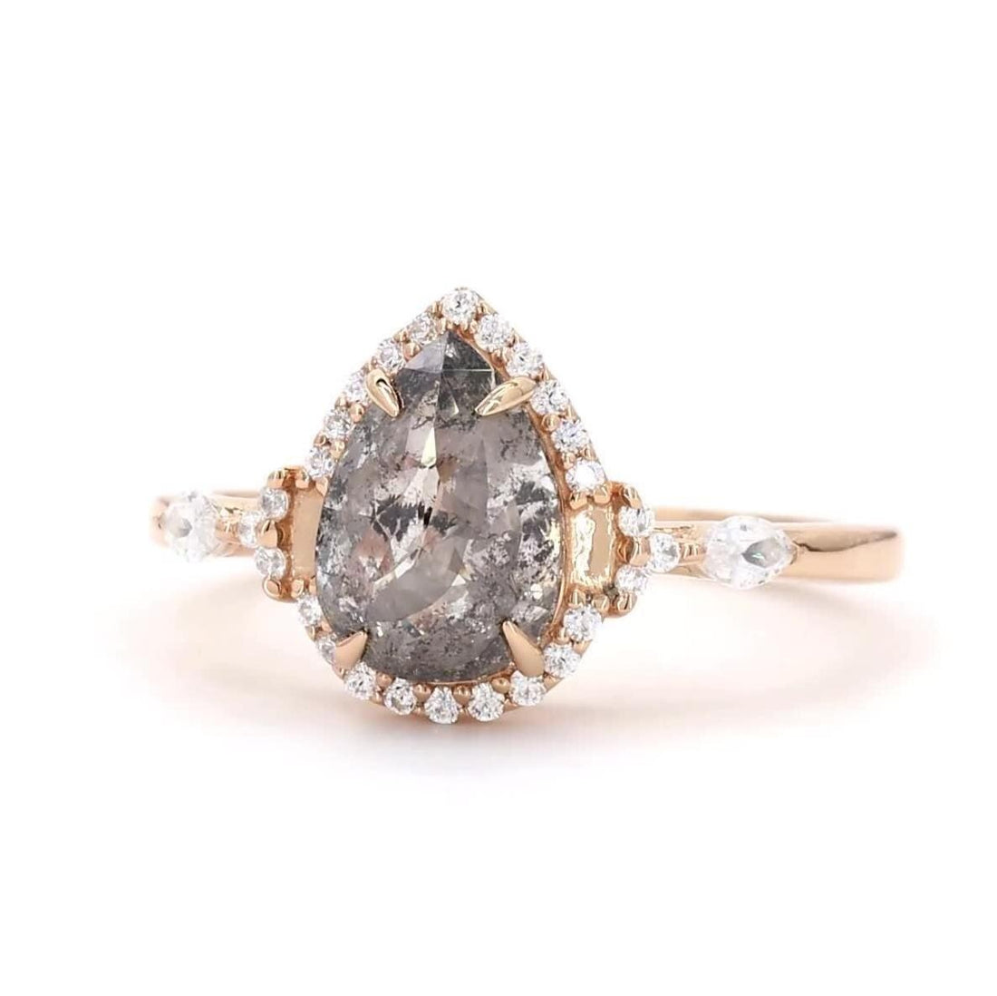 14K Rose Gold Grey Salt and Pepper Pear Cut Natural Diamond Alternative Engagement Ring