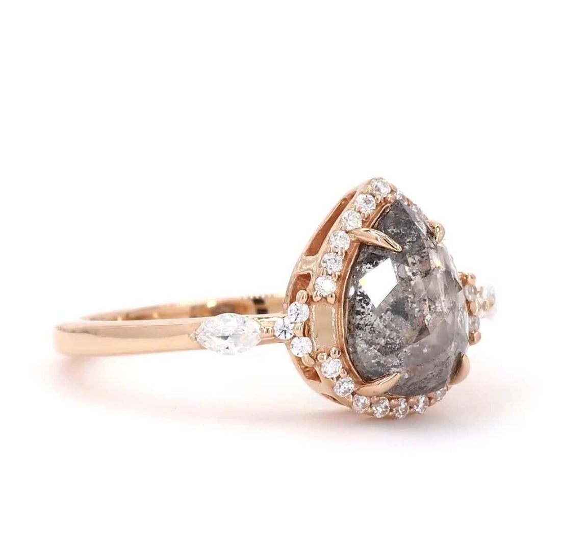 14K Rose Gold Grey Salt and Pepper Pear Cut Natural Diamond Alternative Engagement Ring