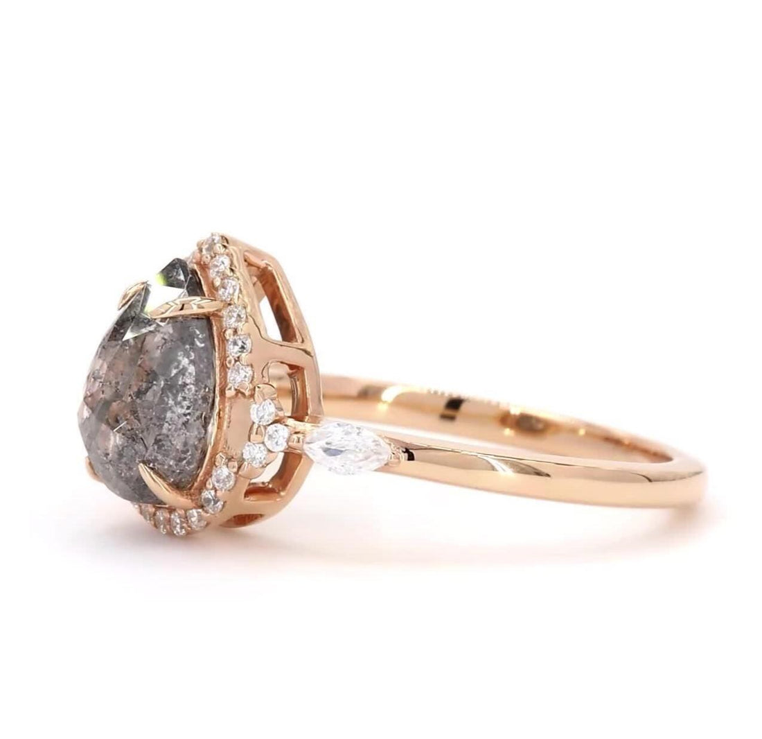 14K Rose Gold Grey Salt and Pepper Pear Cut Natural Diamond Alternative Engagement Ring