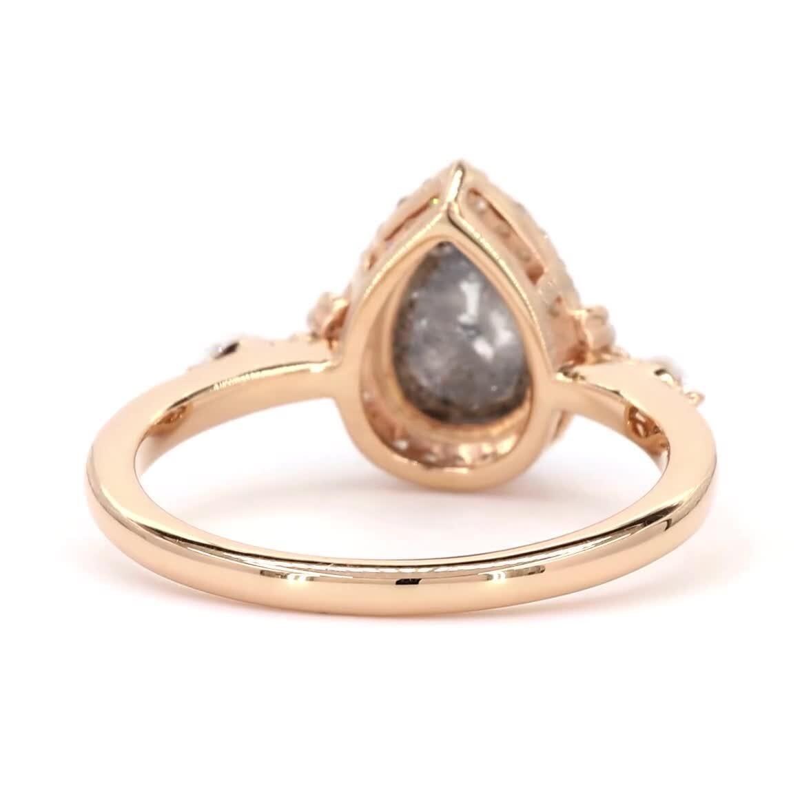 14K Rose Gold Grey Salt and Pepper Pear Cut Natural Diamond Alternative Engagement Ring