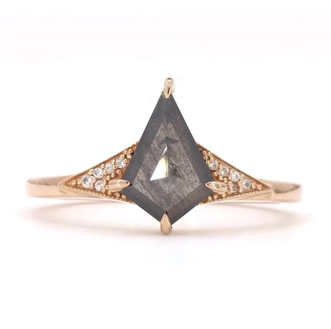 14K Rose Gold Grey Salt and Pepper Kite Cut Natural Diamond Handmade Engagement Ring