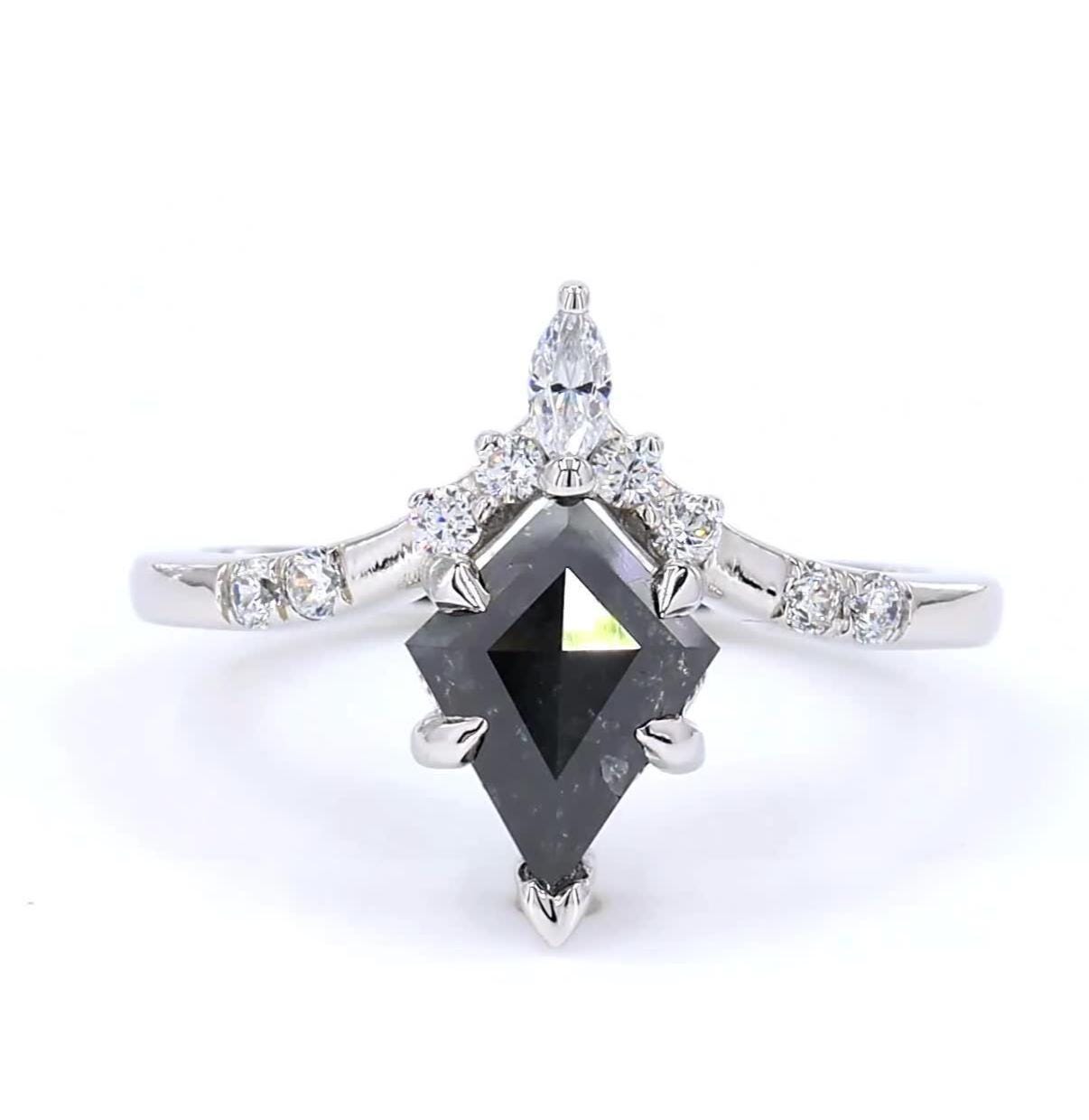 14K White Gold Grey Salt and Pepper Kite Cut Natural Diamond Vintage Anniversary Ring