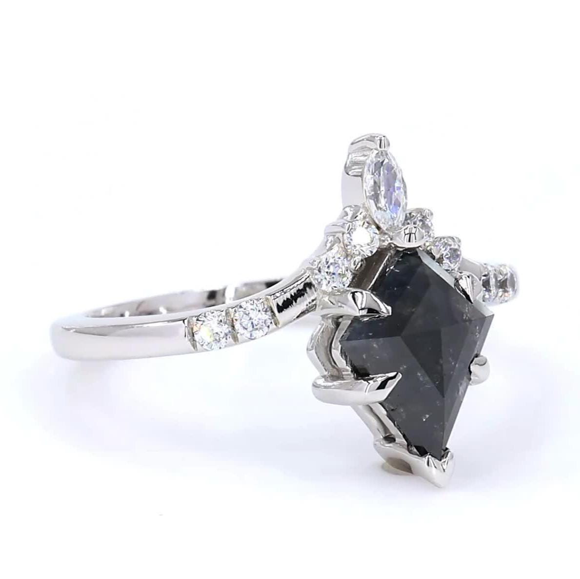 14K White Gold Grey Salt and Pepper Kite Cut Natural Diamond Vintage Anniversary Ring