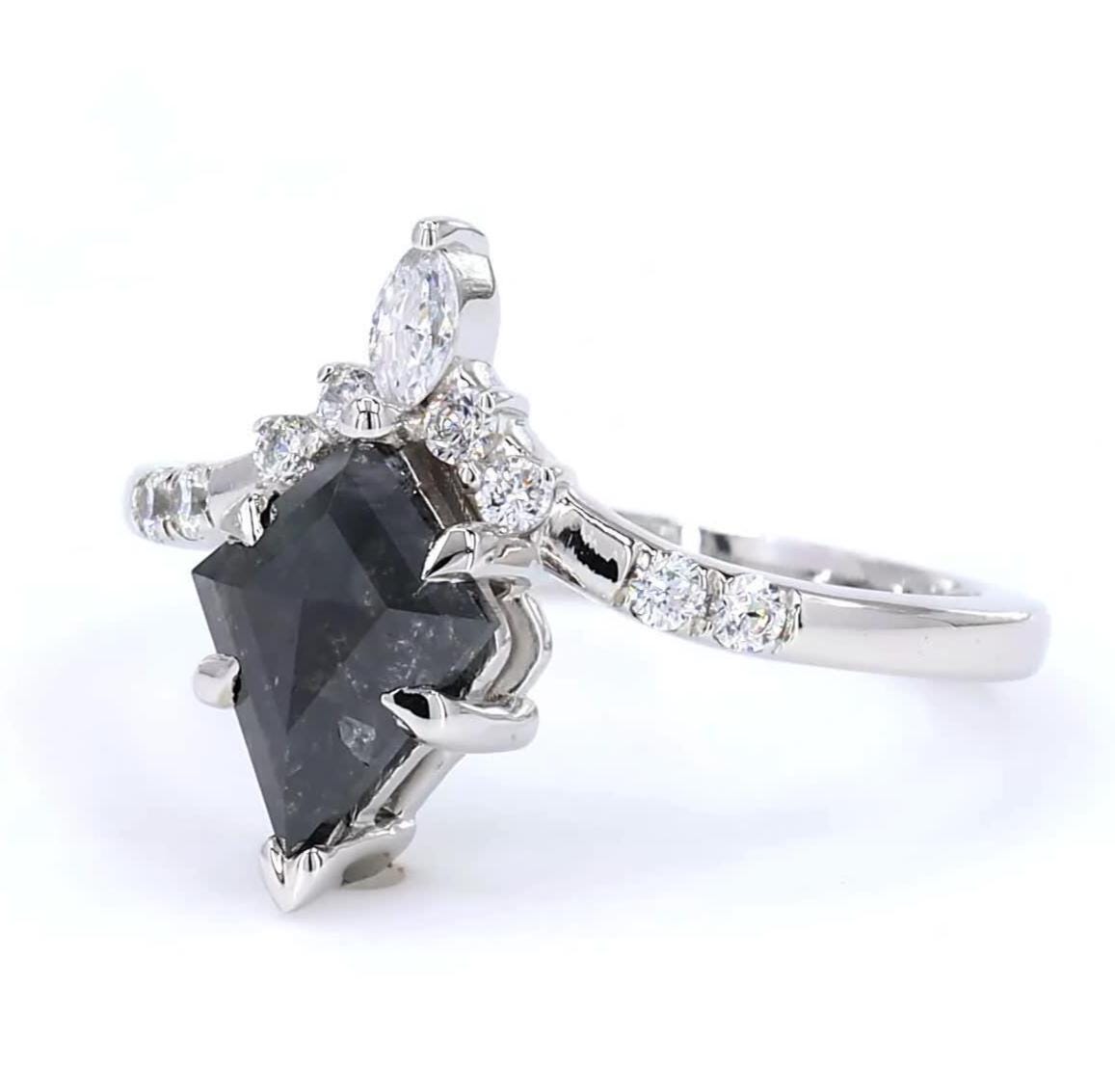 14K White Gold Grey Salt and Pepper Kite Cut Natural Diamond Vintage Anniversary Ring