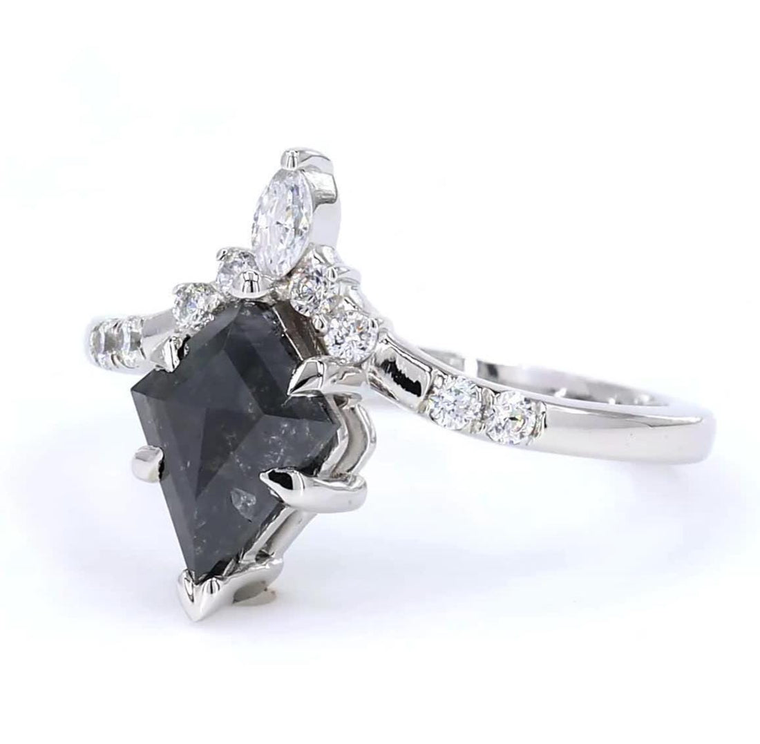 14K White Gold Grey Salt and Pepper Kite Cut Natural Diamond Vintage Anniversary Ring