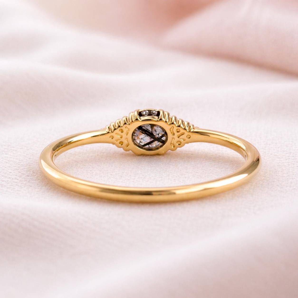 14K Rose Gold Oval Cut Grey Black Rutile Salt and Pepper Diamond Engagement Ring