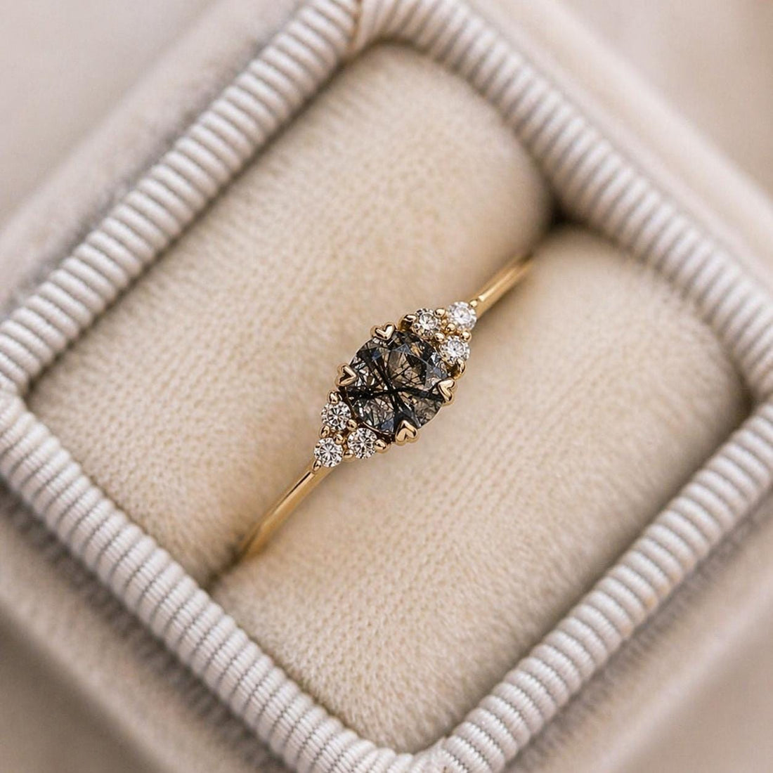 14K Rose Gold Oval Cut Grey Black Rutile Salt and Pepper Diamond Engagement Ring
