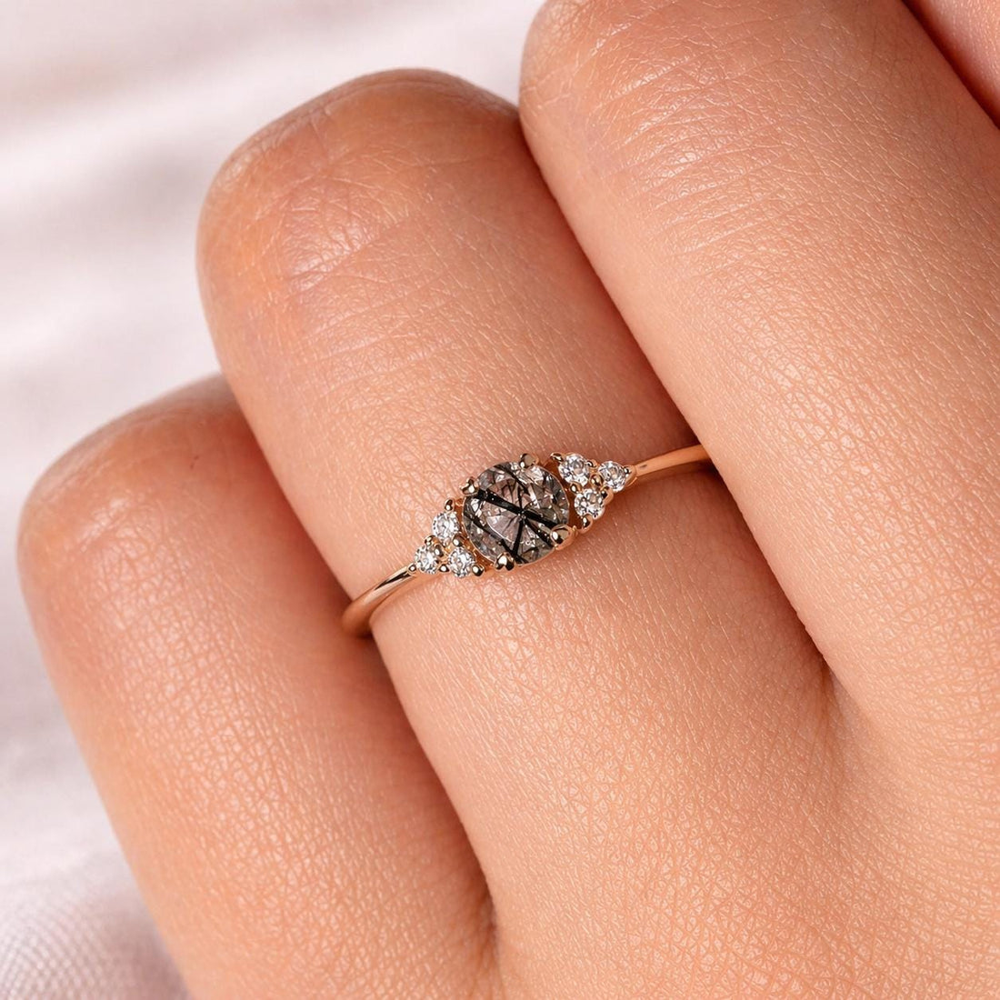 14K Rose Gold Oval Cut Grey Black Rutile Salt and Pepper Diamond Engagement Ring