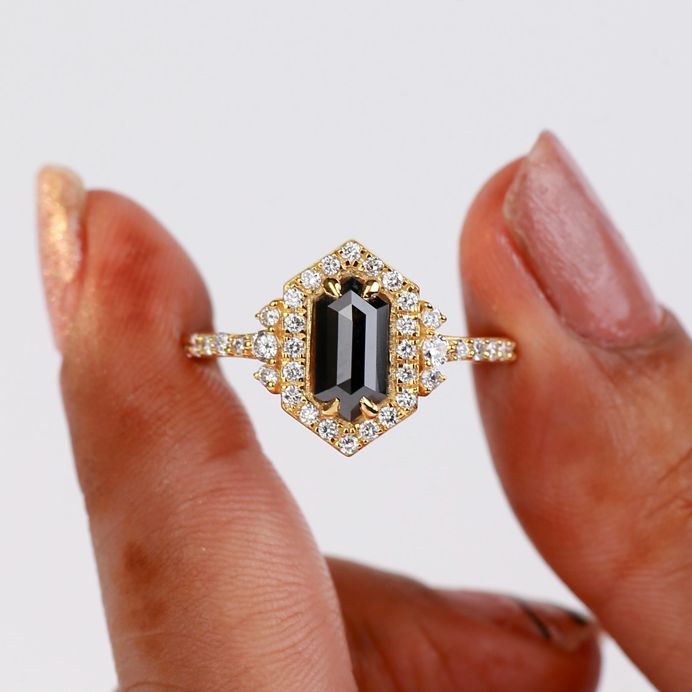 Hexagon Cut Black Diamond Ring, Natural Diamond 14K White Gold Unique Engagement Ring