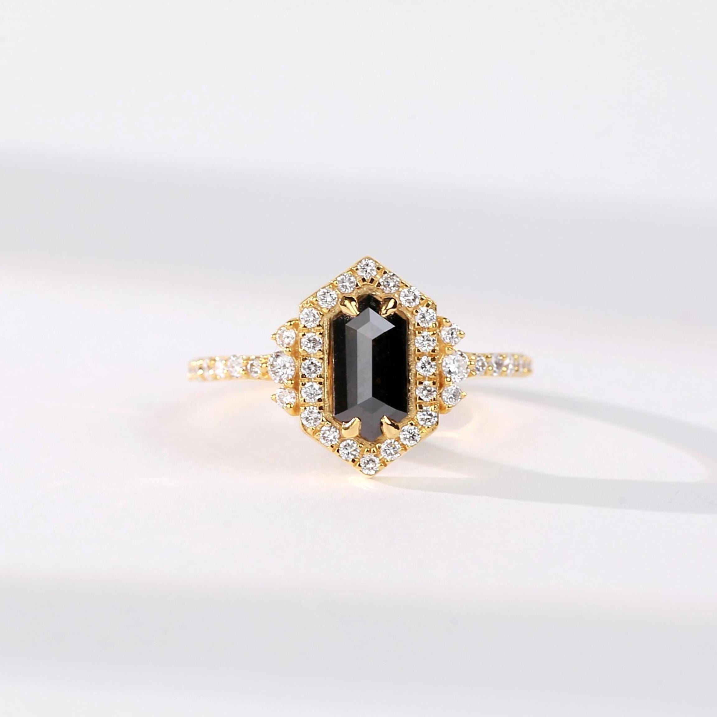 Hexagon Cut Black Diamond Ring, Natural Diamond 14K White Gold Unique Engagement Ring