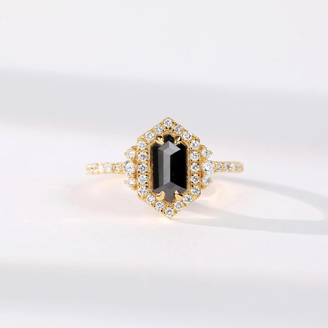 Hexagon Cut Black Diamond Ring, Natural Diamond 14K White Gold Unique Engagement Ring